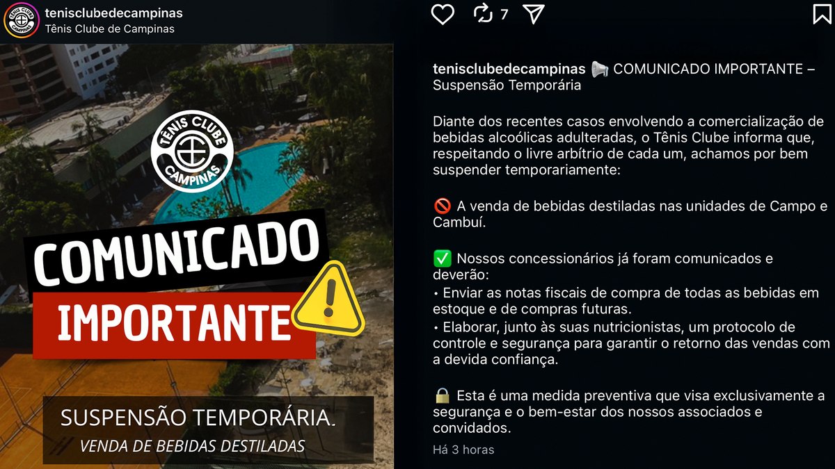 O Tenis Clube disse que todas as concessionárias deverão apresentar deverão apresentar notas fiscais das bebidas em estoque
