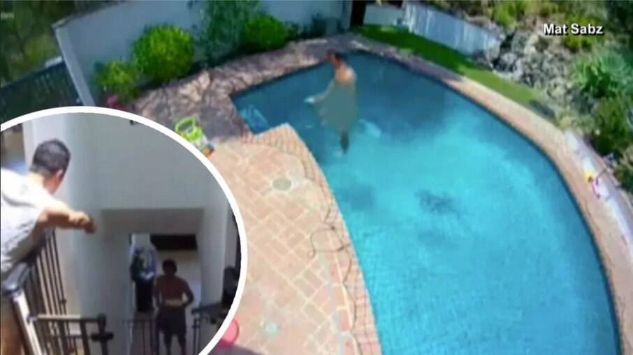 Rapaz foi flagrado pelas câmeras de segurança andando sem roupas pela piscina e nos ambientes internos da casa