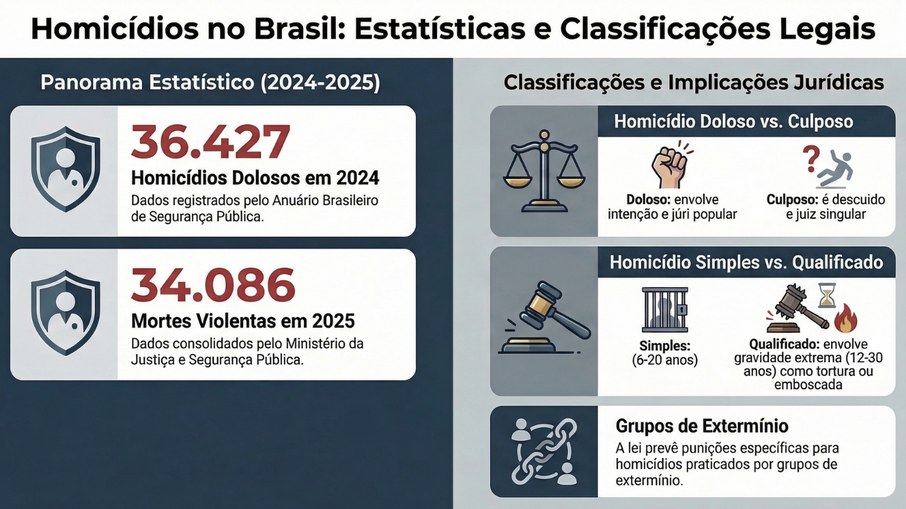 O crime pode ser enquadrado em diversas categorias, como homicídio simples, doloso, culposo ou qualificado