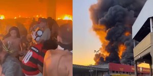 Pessoas se arriscam para saquear supermercado em chamas; veja