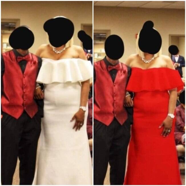 Antes e depois do vestido da sogra que foi alterado pelo fotógrafo