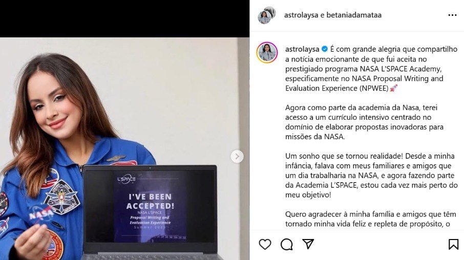 Laysa cita que foi aceita no “NASA L’SPACE Academy”, academia da NASA Laysa cita que foi aceita no “NASA L’SPACE Academy”, academia da NASA