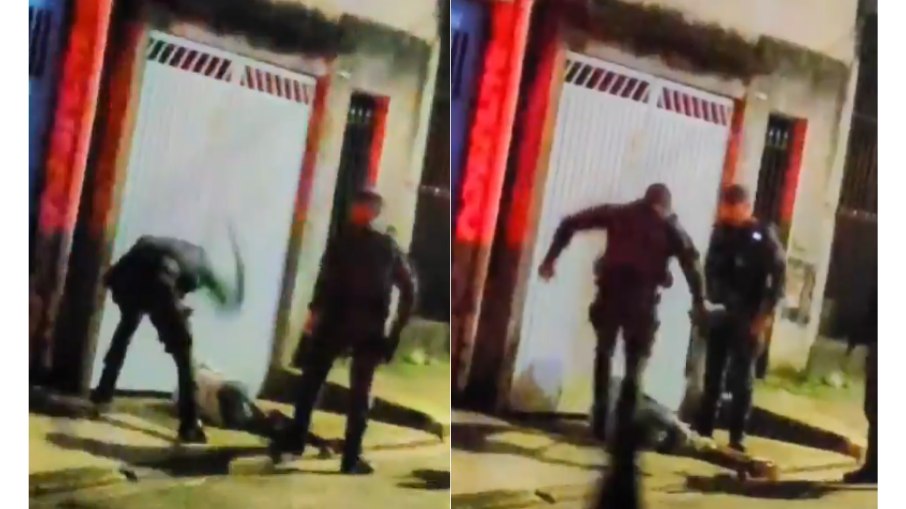 Policial agride com cassetete e chuta homem no chão Policial agride com cassetete e chuta homem no chão