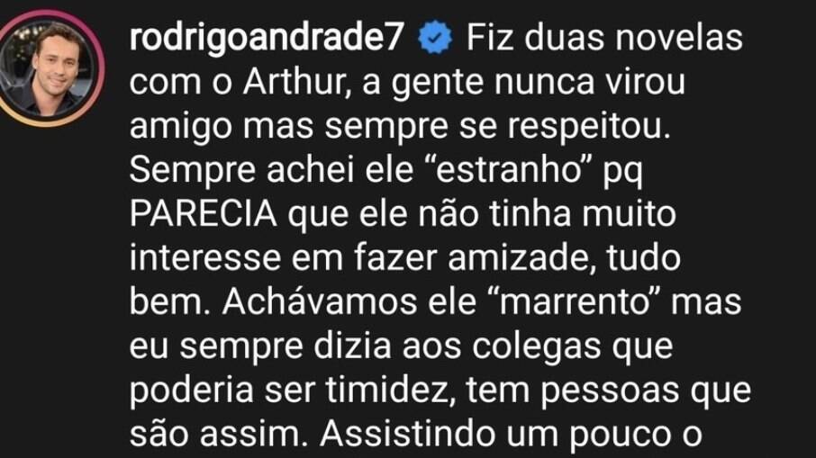 Print do post de Rodrigo Andrade falando sobre Arthur Aguiar 