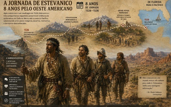 Estevanico e os outros três sobreviventes do naufrágio caminharam durante oito anos pelo oeste americano. Estevanico e os outros três sobreviventes do naufrágio caminharam durante oito anos pelo oeste americano.