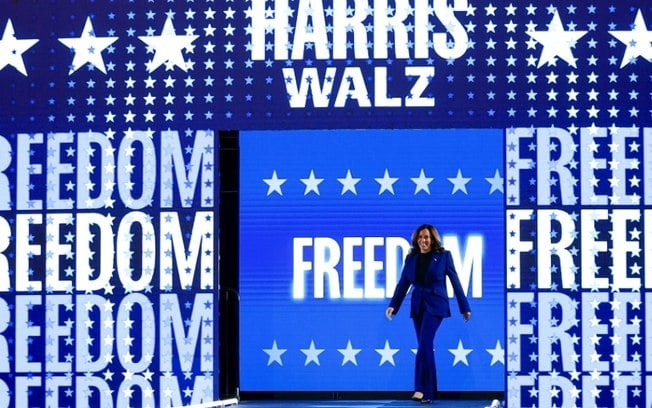 A vice-presidente e candidata à presidência dos Estados Unidos, Kamala Harris, em evento de campanha em Milwaukee, em 20 de agosto de 2024