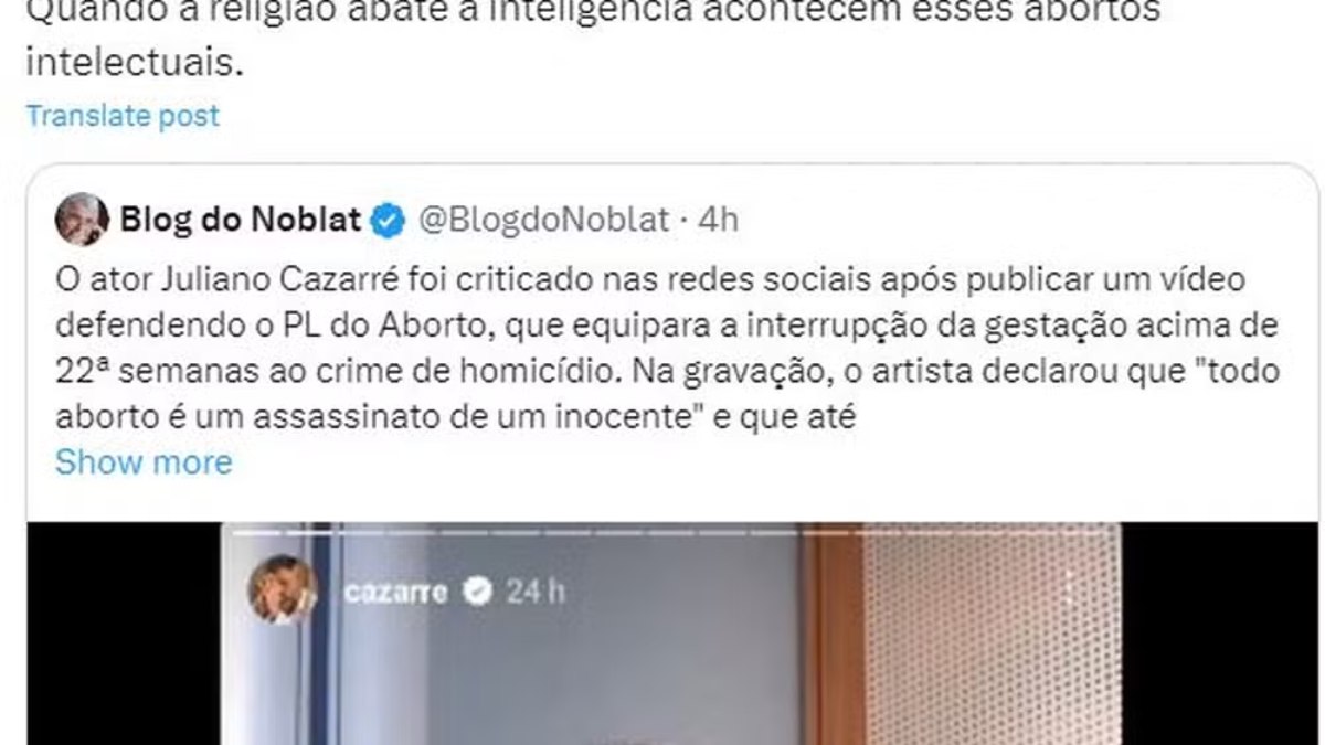 José de Abreu fez críticas ao ator Juliano Cazarré por defender projeto que pretente pena de até 20 anos para mulheres que realizarem aborto - mesmo em casos de estupro