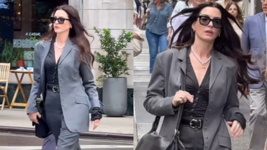 Anne Hathaway em gravação em O Diabo Veste Prada 