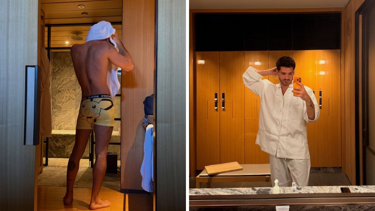 João Guilherme posa sem camisa no Japão e usa cueca do Pikachu