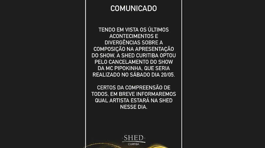 Comunicado informa cancelamento de show da MC Pipokinha