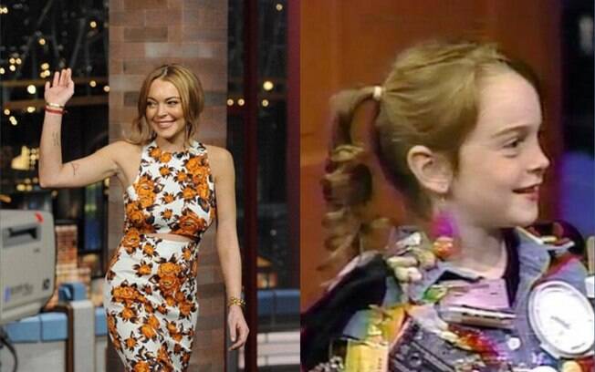 À esquerda, Lindsay em 2013 no talk show de Letterman e à direita, em 1992