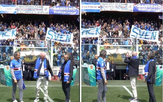 Eriksson recebe as saudações de todos no estádio da Sampdoria, onde ele foi campeão nos anos 90