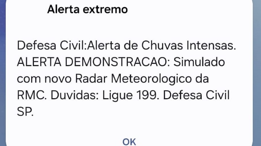 Alerta teste emitido durante início da operação do radar meteorológico da RMC