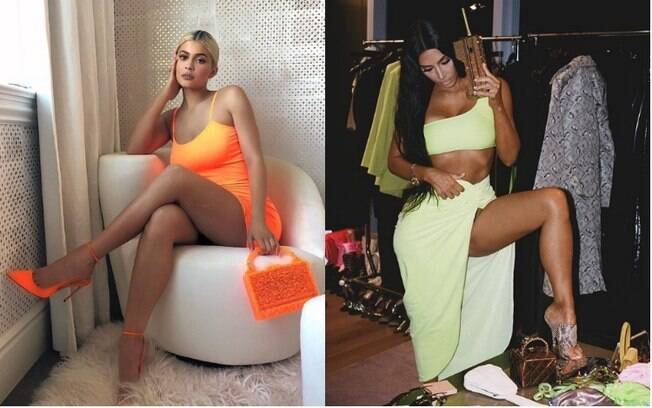 Irmãs Kylie Jenner e Kim Kardashian são grandes adeptas das peças de roupa neon para compor looks cheios de energia