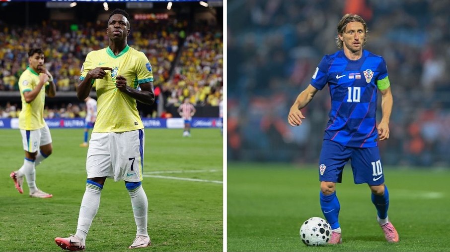 Vinicius Junior e Modric em ação por Brasil e Croácia, respectivamente
