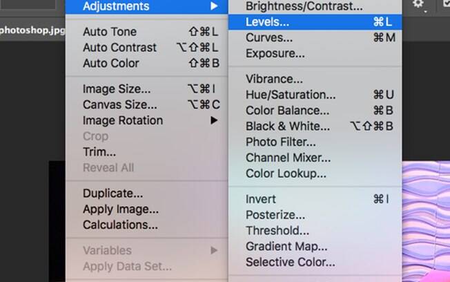 Para abrir o menu, clique em Image > Adjustments > Levels