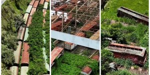 Drone mostra estação e trilhos de trem abandonados
