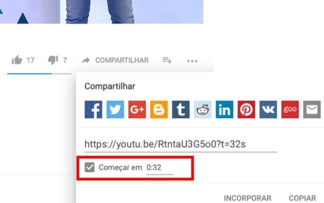 Escreva o período do vídeo que você deseja que a reprodução se inicie. Copie o link e repasse onde desejar. 