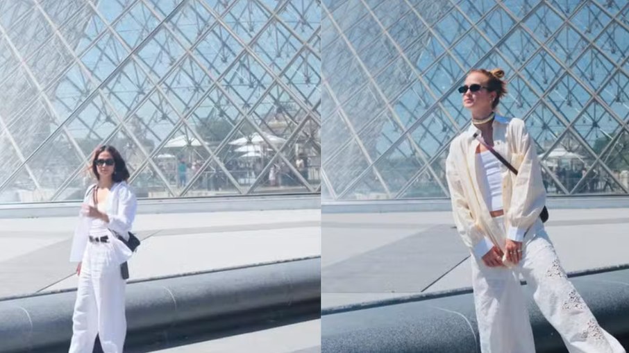 Nanda Costa e Emilie Rey posam nos mesmos pontos turísticos de Paris.