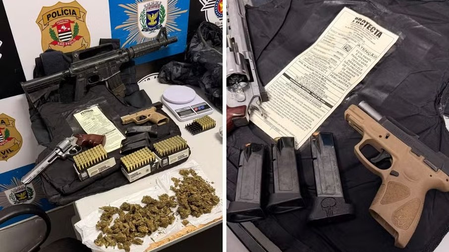 Durante a busca, os policiais encontraram uma pistola Taurus calibre 9 mm, com registro de furto, três carregadores e 217 munições Durante a busca, os policiais encontraram uma pistola Taurus calibre 9 mm, com registro de furto, três carregadores e 217 munições