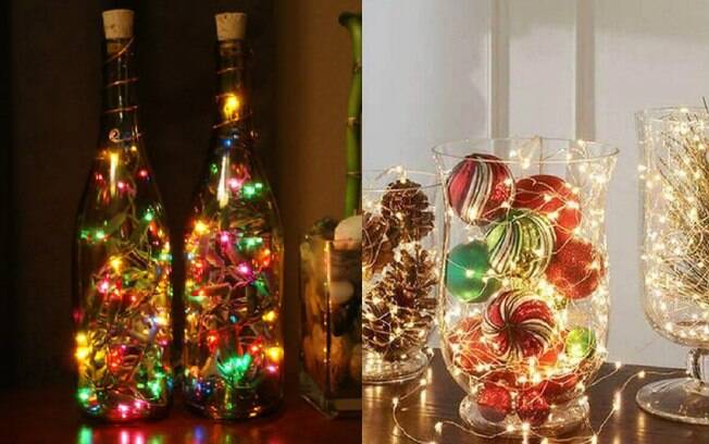 Na decoração de Natal, uma das opções é usar garrafas de vidro com o pisca pisca dentro; veja inspirações