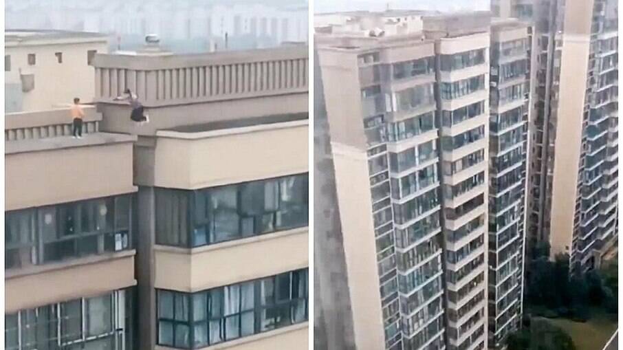 Sem medo, crianças pulam entre prédios de 22 andares na China