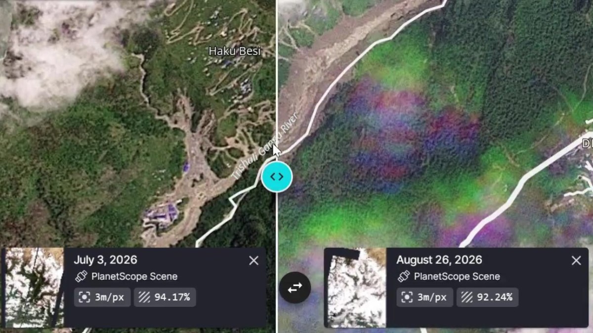 Imagem de satélite da área de Haku Besi antes (03/07/2026) e depois (26/08/2026) da enchente no rio Bhote Koshi Imagem de satélite da área de Haku Besi antes (03/07/2026) e depois (26/08/2026) da enchente no rio Bhote Koshi