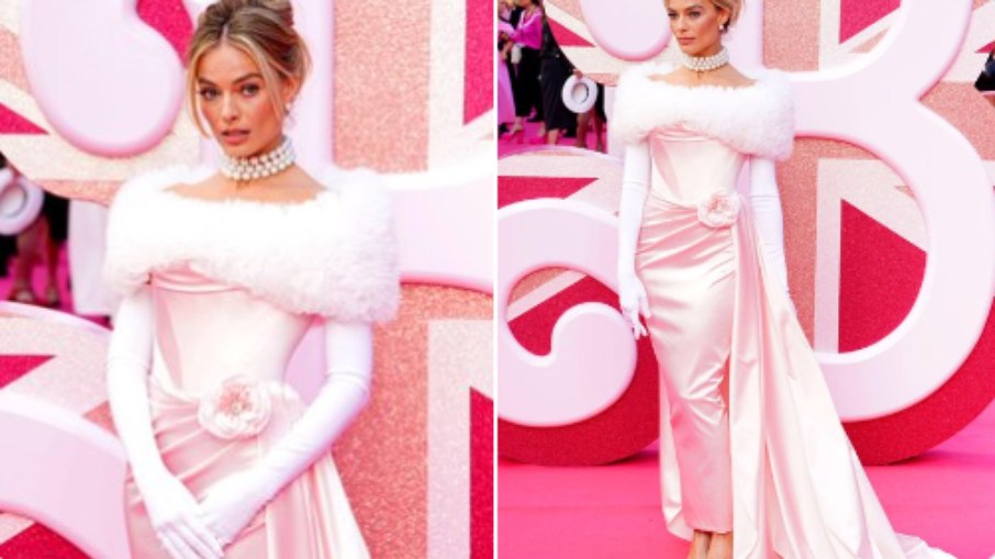 A atriz apostou em um vestido cor de rosa claro, inspirado na boneca dos anos 60