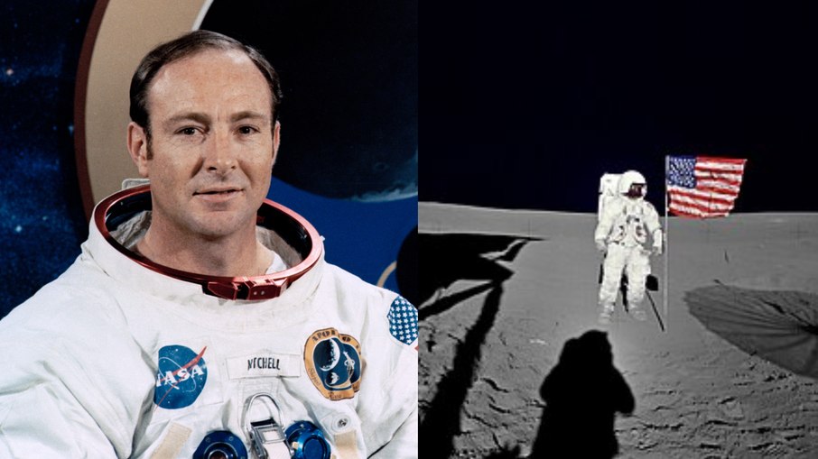 Edgar Mitchell, piloto do módulo lunar da Apollo 14, em retrato oficial da NASA e durante uma das caminhadas na Lua.