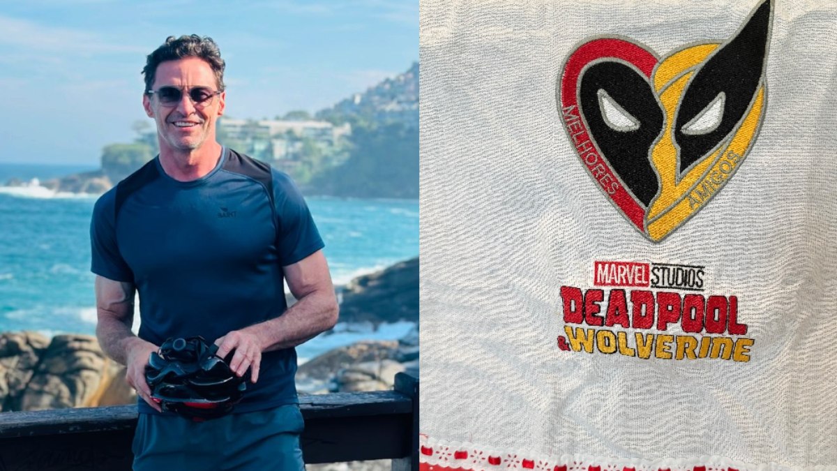 Hugh Jackman mostra pano de prato que ganhou no Brasil