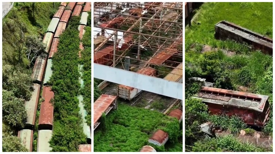 Drone mostra estação e trilhos de trem abandonados Drone mostra estação e trilhos de trem abandonados