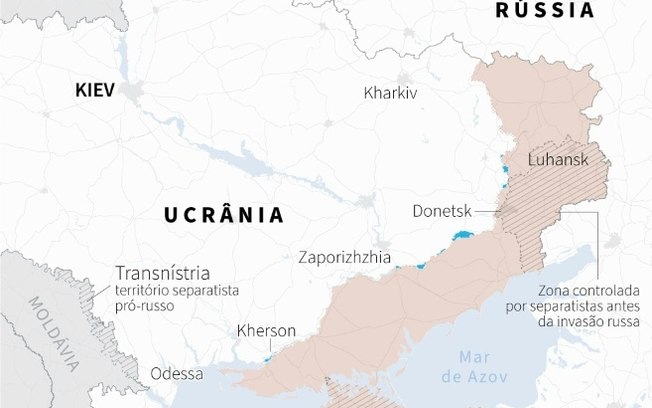 Mapa da Ucrânia mostrando as áreas controladas pelas forças ucranianas e russas, em 9 de abril, às 16h (Bras.).