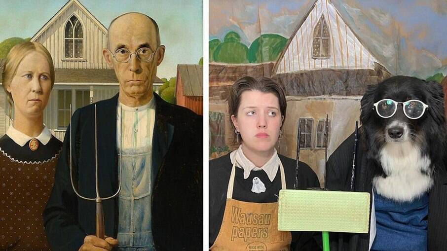 Eliza Reinhardt recriou o quadro 'American Gothic' com seu cachorro Finn