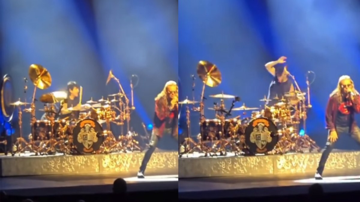 Baterista surpreende com manobra inusitada e cai durante show