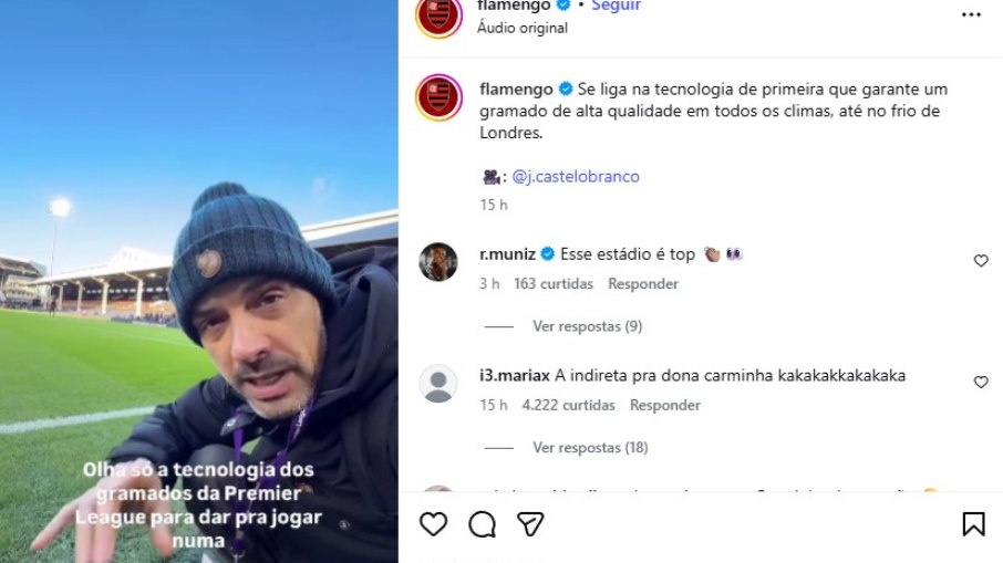 Flamengo compartilha vídeo de repórter que exalta grama natural