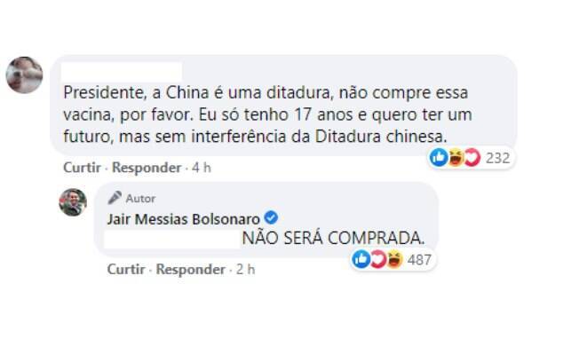 Bolsonaro diz que vacina não será comprada Bolsonaro diz que vacina não será comprada