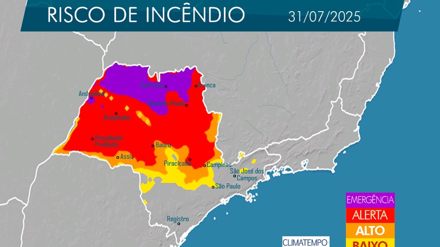 Mapa de risco de incêndio para quinta-feira (31/07), no estado de São Paulo. 