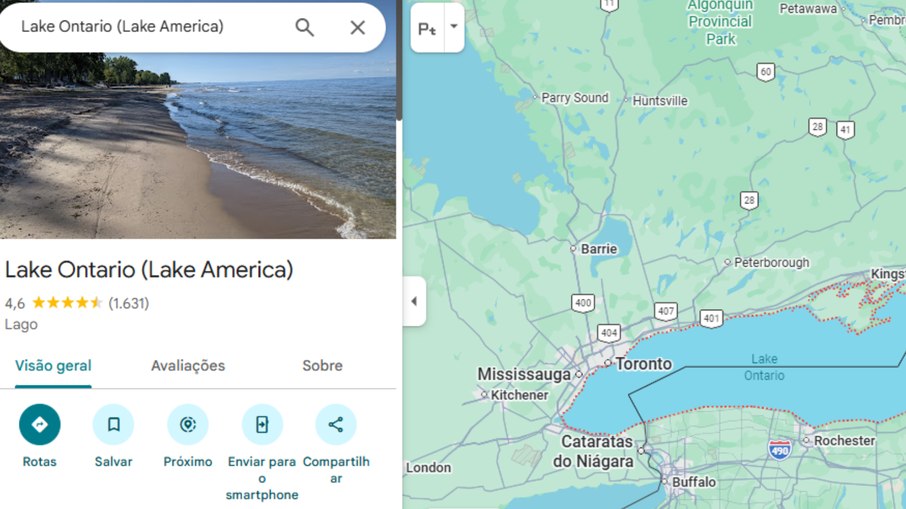 Para usuários dos EUA, o Google Maps exibe o Lake America Para usuários dos EUA, o Google Maps exibe o Lake America