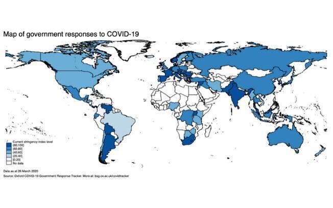 O mapa indica os países que adotaram medidas mais eficazes contra a Covid-19