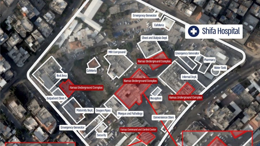 Imagens divulgadas por Israel mostram como seriam os centros de comando do Hamas na região do hospital, tanto no subterrâneo quanto na superfície