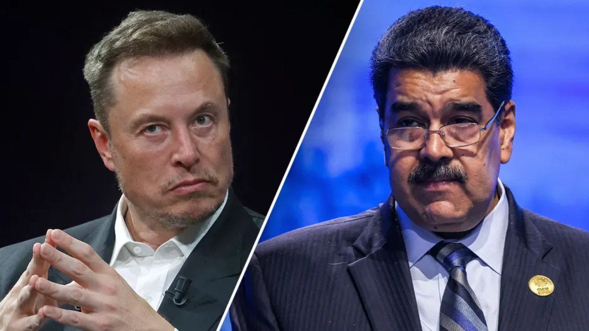 Elon Musk (à esquerda) e Nicolás Maduro (à direita)