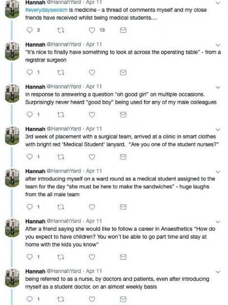 Posts de Hanna relatando machismo no curso de medicina em sua página no Twitter