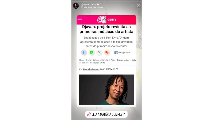 Djavan compartilha matéria do colunista Marcelo de Assis, do Portal iG