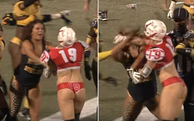  Amanda Hogan, do Heart, acertou um soco em Sonia Osselborn, do Rebellion, em jogo da NFL de lingerie