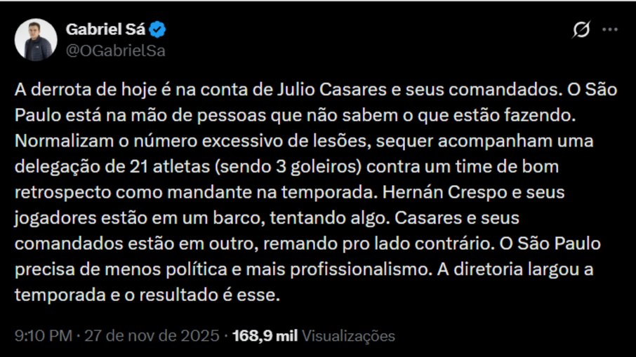 Gabriel Sá detona presidente do São Paulo após goleada do Flu