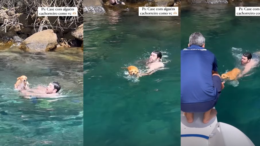 O marido de Fiorella pulou o mar para resgatar a cachorra