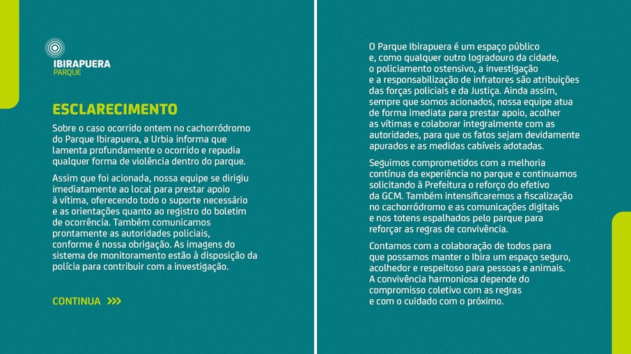 Nota da Urbia, empresa responsável pela administração do Parque Ibirapuera Nota da Urbia, empresa responsável pela administração do Parque Ibirapuera