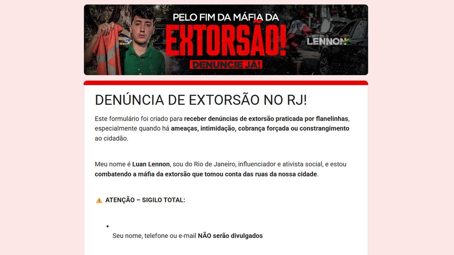 Formulário utilizado por Luan para receber denúncias da população nas redes sociais