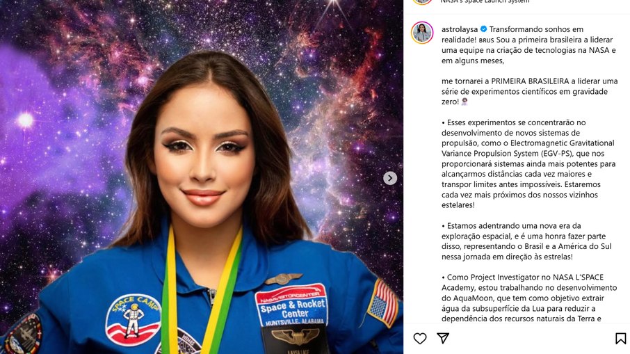 No post, Laysa afirma ser líder de equipe de criação de tecnologias para NASA No post, Laysa afirma ser líder de equipe de criação de tecnologias para NASA