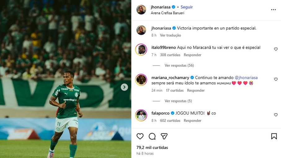 Jhon Arias celebra vitória do Palmeiras contra o Fluminense